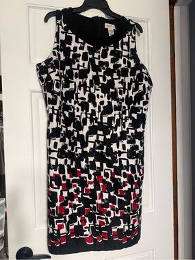 Black & White Abstract Print Sheath Dress with Red Accents
